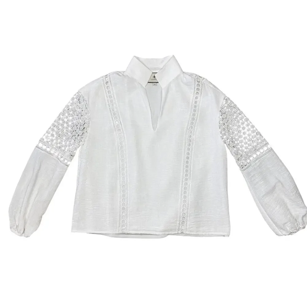 Tuckernuck White Eyelet Lace Cutout Puff Sleeve Jane Blouse Size XS
